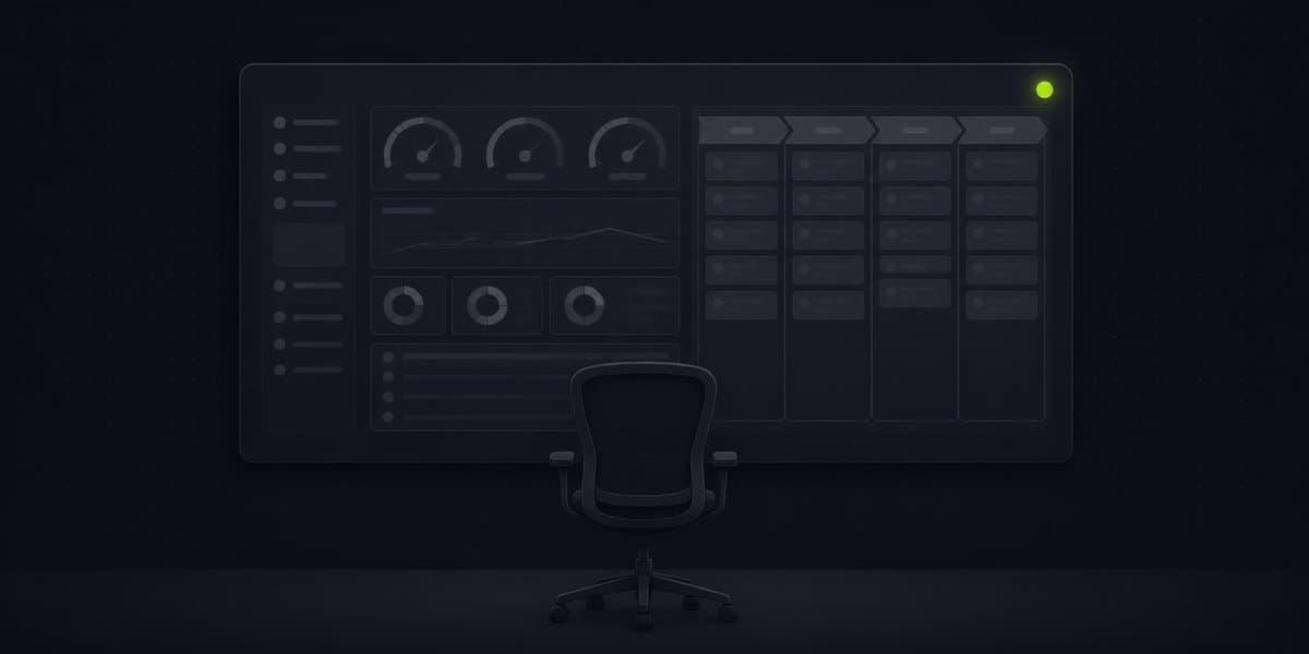 A CRM dashboard on the wall with an empty chair in front of it